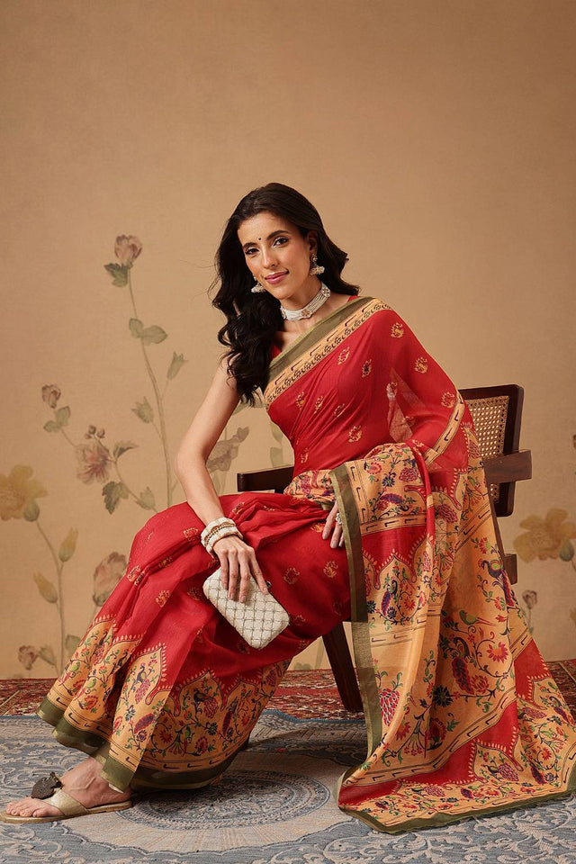 Red Floral Printed Cotton Blend Saree