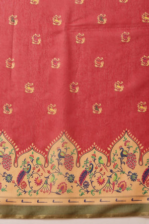 Red Floral Printed Cotton Blend Saree