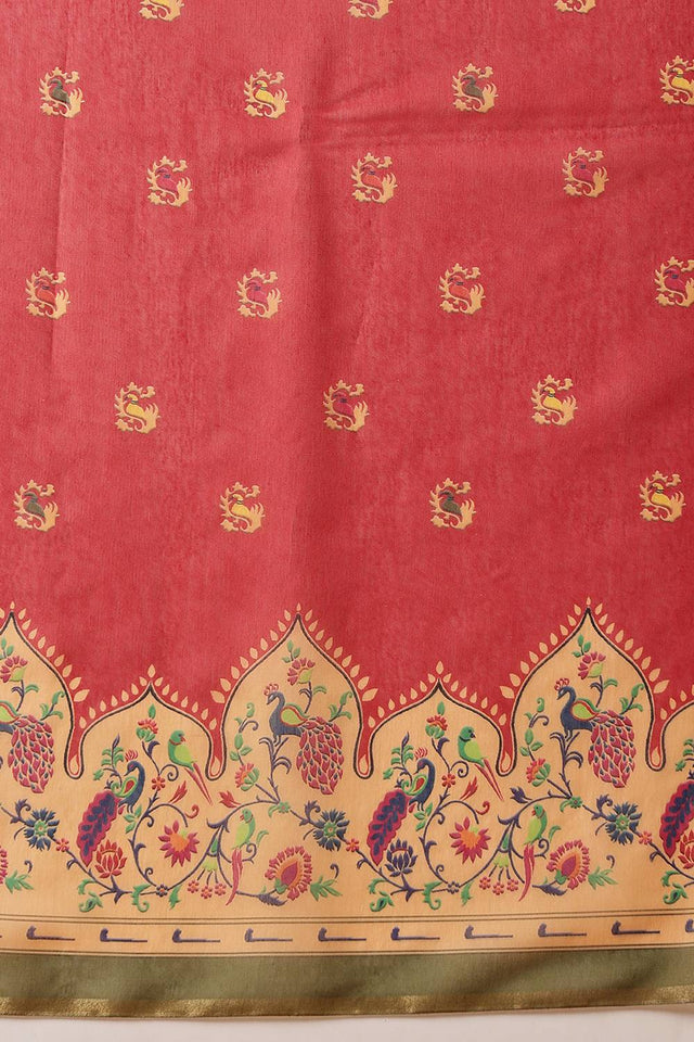 Red Floral Printed Cotton Blend Saree