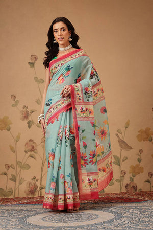 Turquoise Floral Printed Cotton Blend Saree