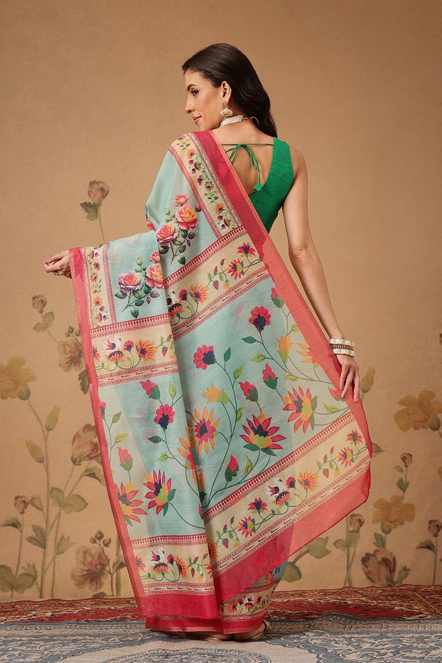 Turquoise Floral Printed Cotton Blend Saree