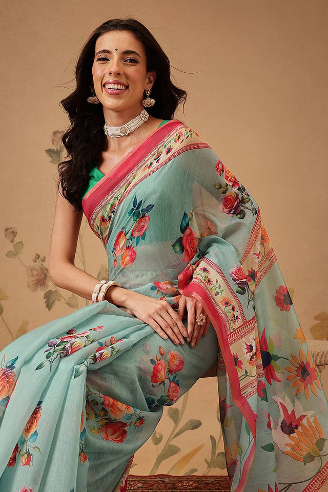 Turquoise Floral Printed Cotton Blend Saree