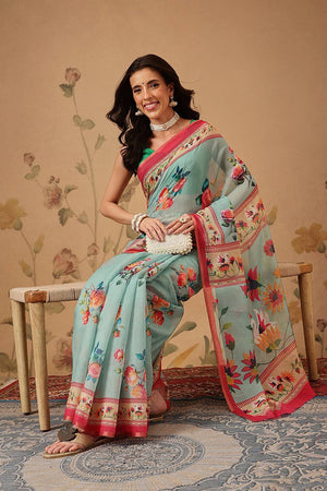 Turquoise Floral Printed Cotton Blend Saree