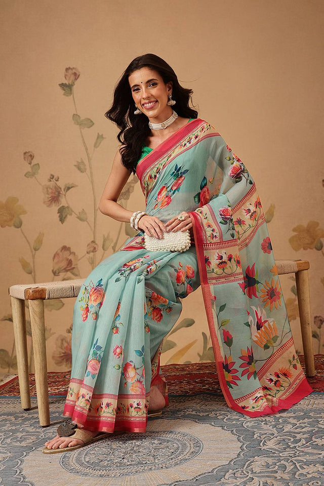 Turquoise Floral Printed Cotton Blend Saree
