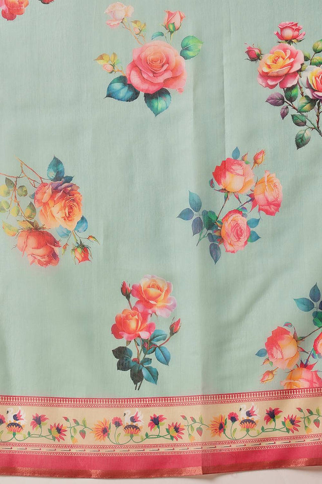 Turquoise Floral Printed Cotton Blend Saree