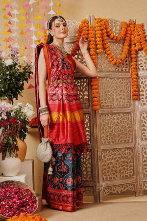 Turquoise Printed Silk Saree