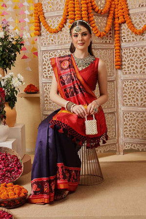 Navy Blue Printed Silk Saree