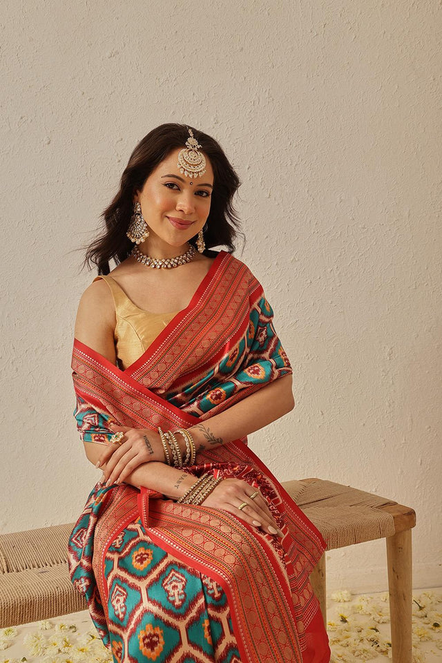 Turquoise Patola Printed Silk Saree