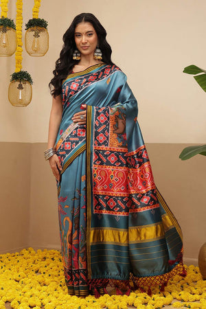 Turquoise Kalamkari Printed Silk Saree (SZ-DGPATOLA-3119)
