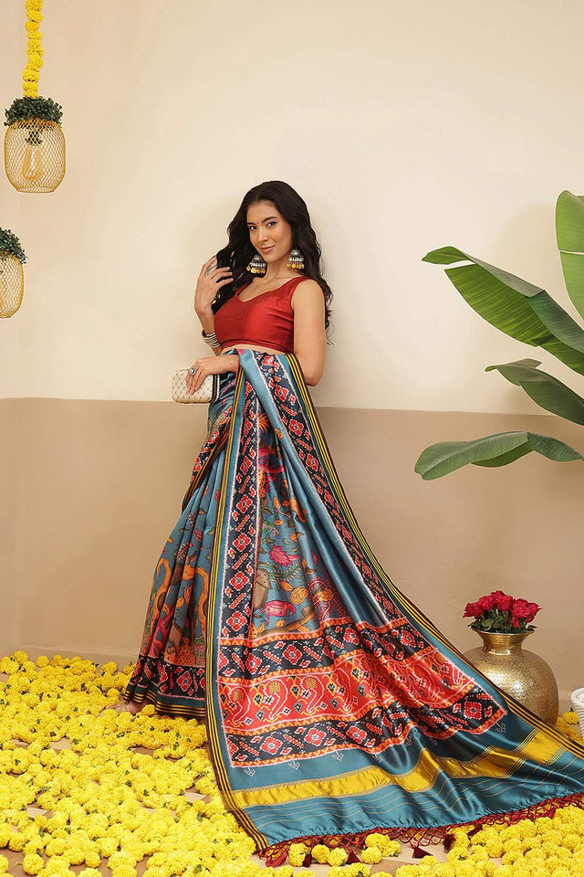 Turquoise Kalamkari Printed Silk Saree (SZ-DGPATOLA-3119)