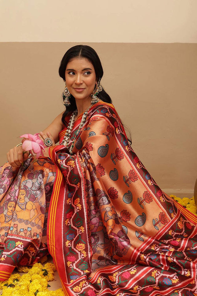 Orange Kalamkari Printed Silk Saree (SZ-DGPATOLA-3120)
