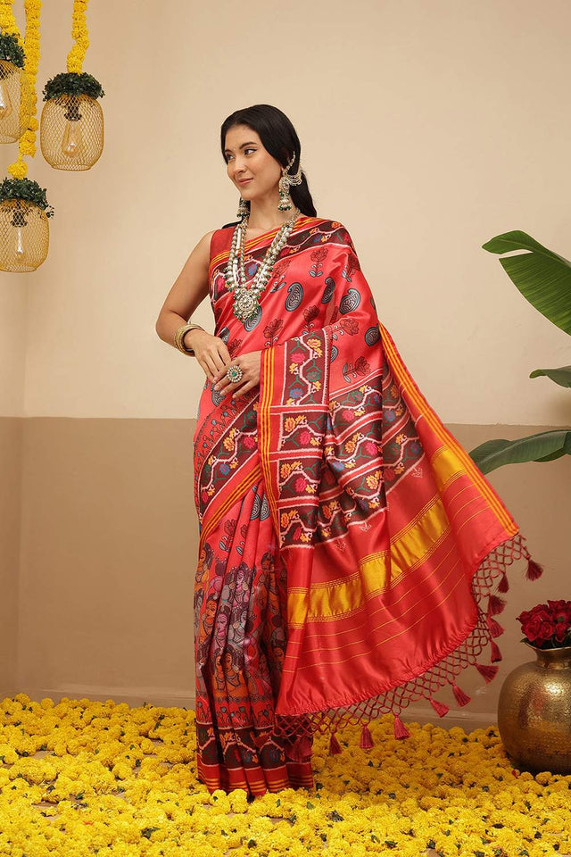 Red Kalamkari Printed Silk Saree (SZ-DGPATOLA-3121)