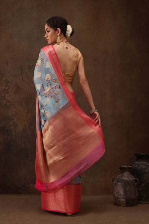 Blue Floral Chanderi Kamlamkari Art Silk Saree