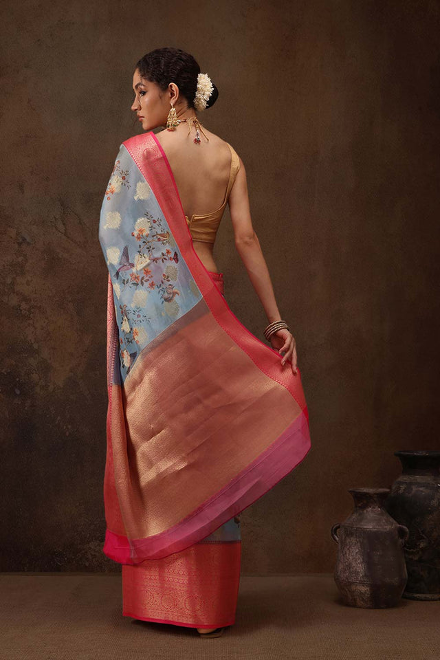 Blue Floral Chanderi Kamlamkari Art Silk Saree