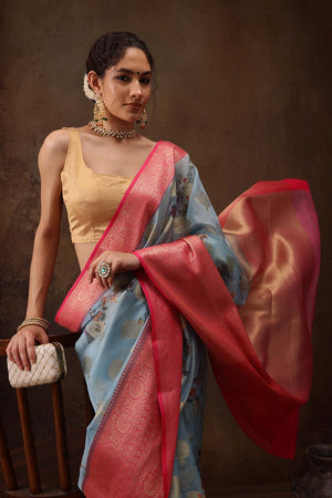 Blue Floral Chanderi Kamlamkari Art Silk Saree