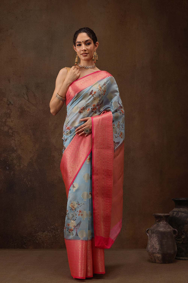 Blue Floral Chanderi Kamlamkari Art Silk Saree