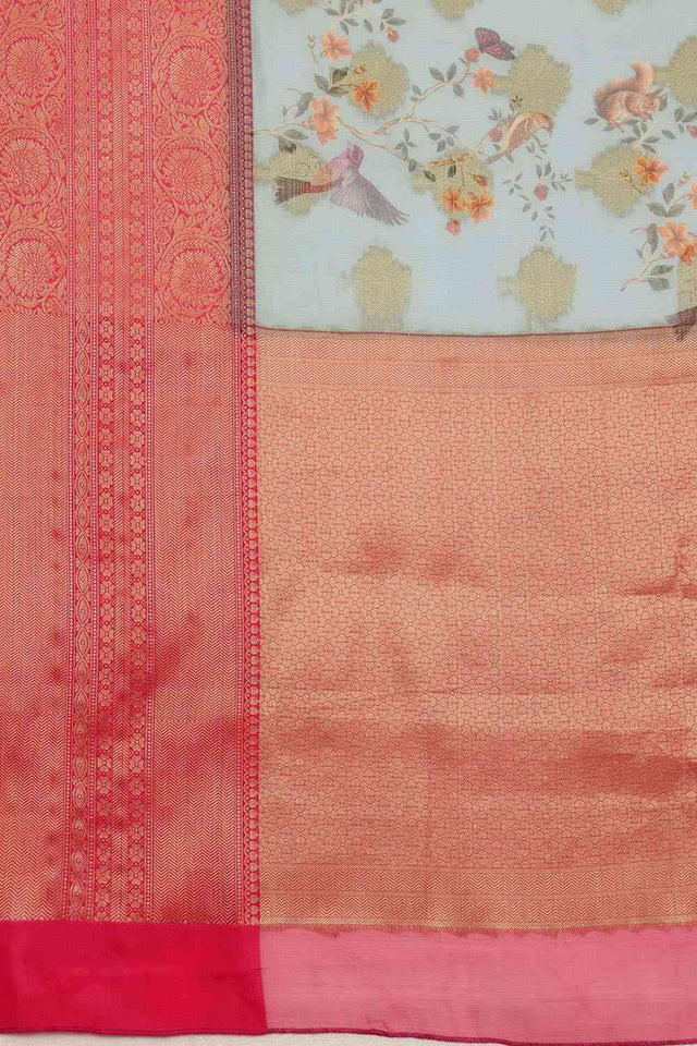 Blue Floral Chanderi Kamlamkari Art Silk Saree