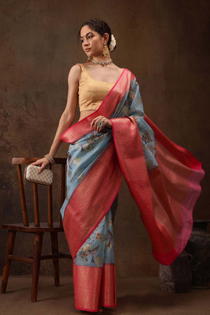 Blue Floral Chanderi Kamlamkari Art Silk Saree