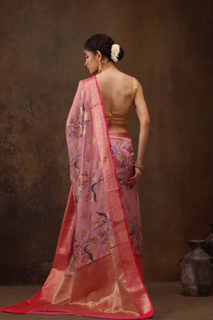 Light Pink Floral Chanderi Kamlamkari Art Silk Saree