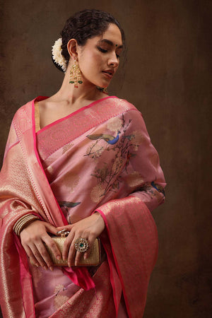Light Pink Floral Chanderi Kamlamkari Art Silk Saree