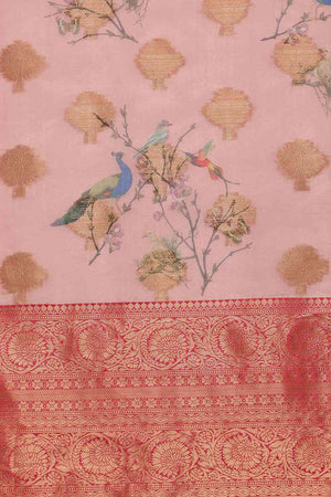 Light Pink Floral Chanderi Kamlamkari Art Silk Saree