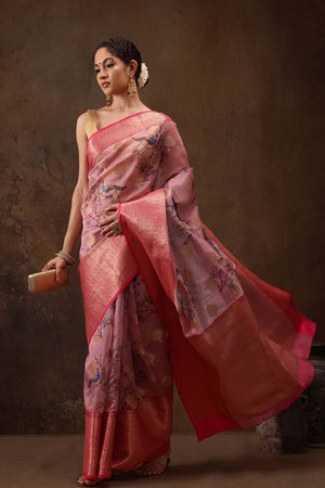 Light Pink Floral Chanderi Kamlamkari Art Silk Saree