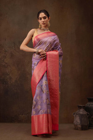 Lavender Floral Chanderi Kamlamkari Art Silk Saree