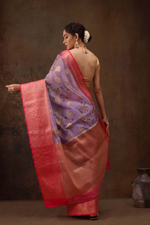 Lavender Floral Chanderi Kamlamkari Art Silk Saree