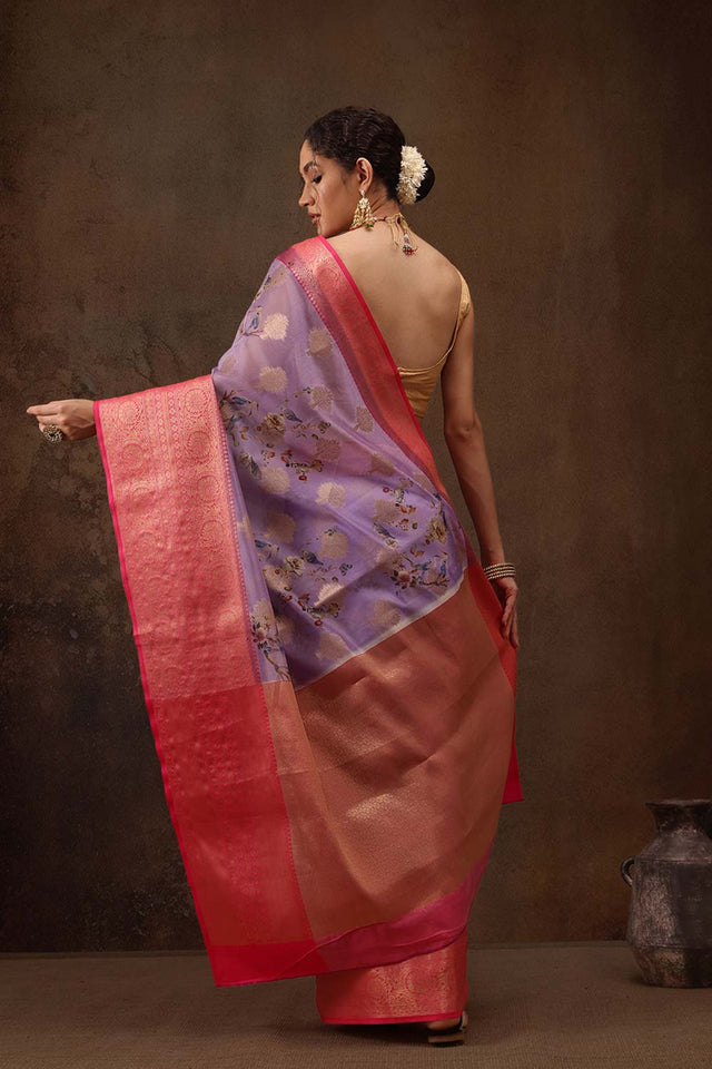 Lavender Floral Chanderi Kamlamkari Art Silk Saree