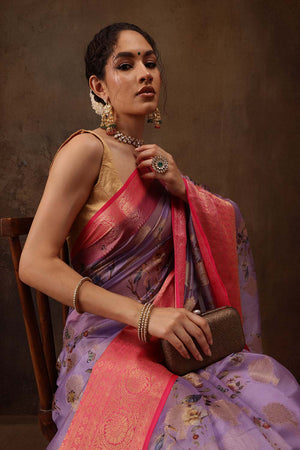Lavender Floral Chanderi Kamlamkari Art Silk Saree