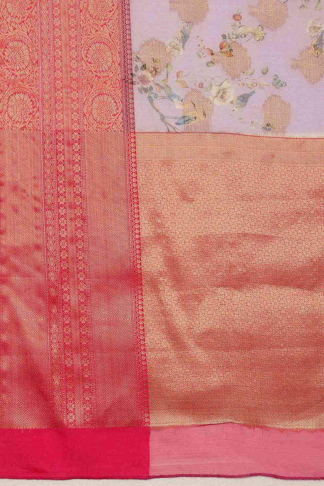 Lavender Floral Chanderi Kamlamkari Art Silk Saree