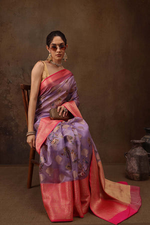 Lavender Floral Chanderi Kamlamkari Art Silk Saree