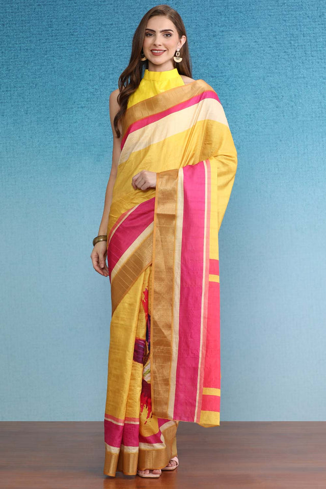 Color Blocked Zari Border Printed Silk Saree