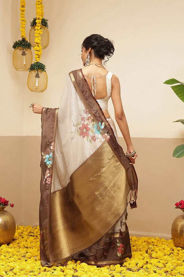 Beige Checkered Printed Silk Saree (SZ-DGRIA1-BE-3133)
