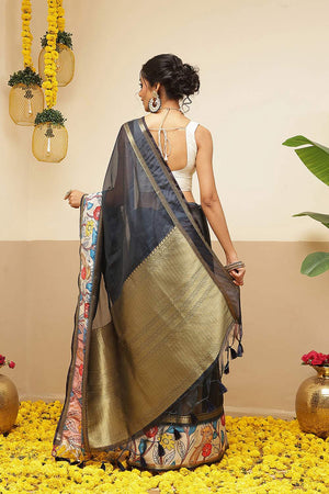 Blue Checkered Printed Silk Saree (SZ-DGRIA1-BU-3134)