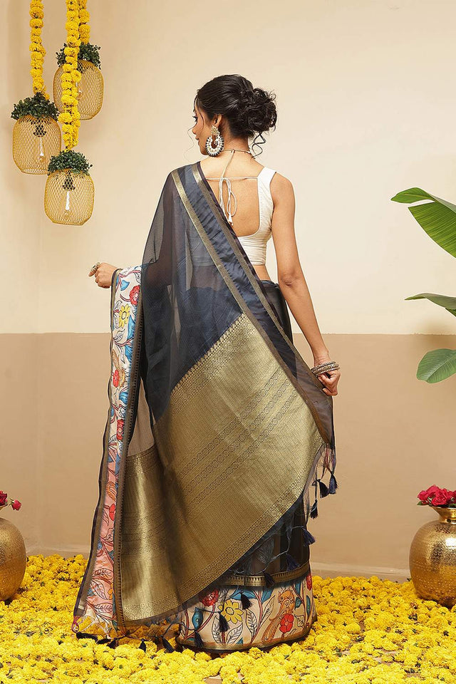 Blue Checkered Printed Silk Saree (SZ-DGRIA1-BU-3134)
