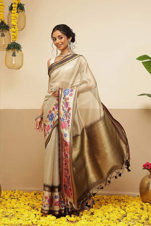 Cream Checkered Printed Silk Saree (SZ-DGRIA1-CR-3136)