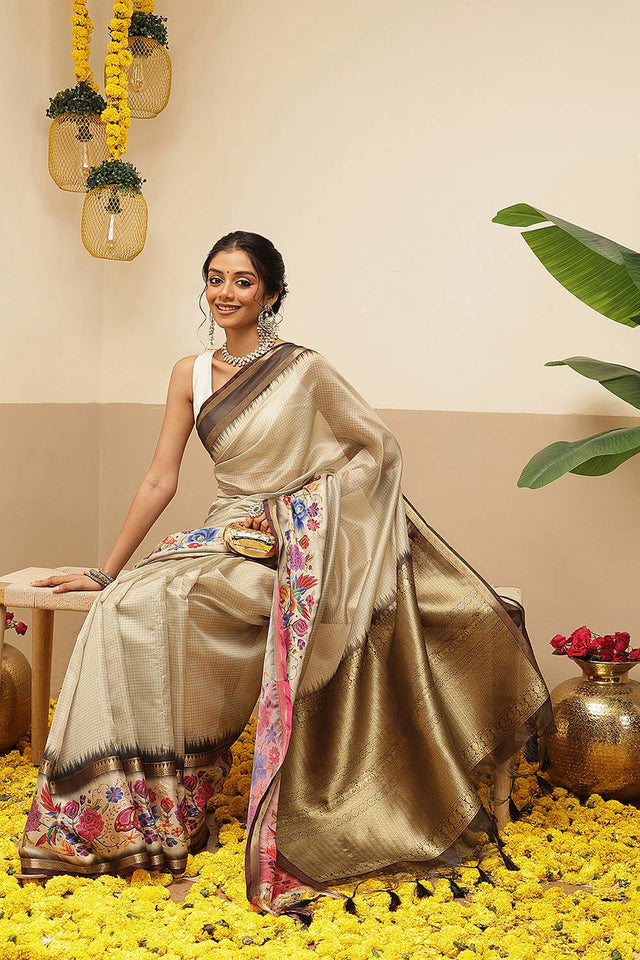 Cream Checkered Printed Silk Saree (SZ-DGRIA1-CR-3136)