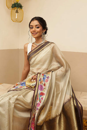 Cream Checkered Printed Silk Saree (SZ-DGRIA1-CR-3136)