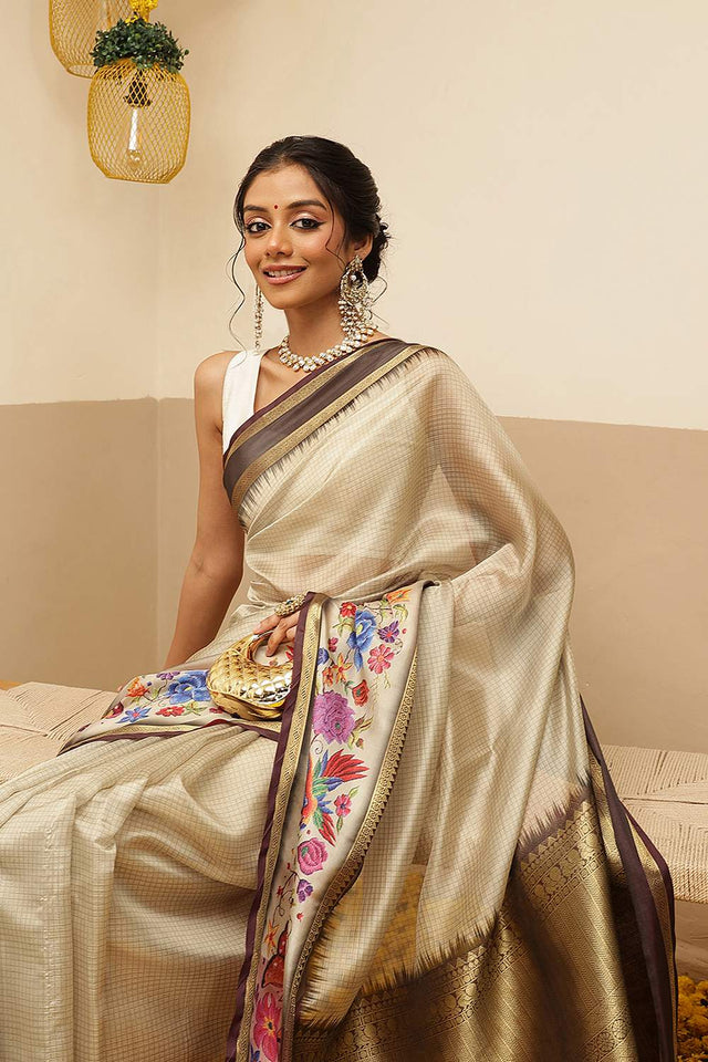 Cream Checkered Printed Silk Saree (SZ-DGRIA1-CR-3136)