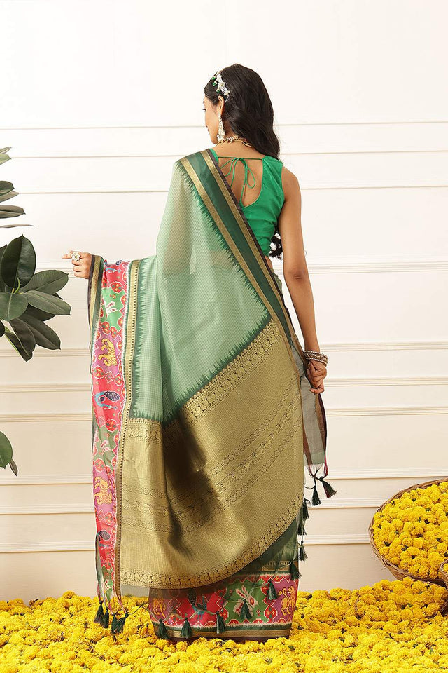 Green Checkered Printed Silk Saree (SZ-DGRIA1-GN-3135)