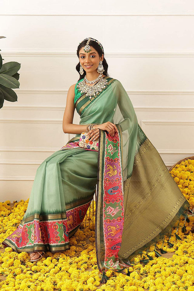 Green Checkered Printed Silk Saree (SZ-DGRIA1-GN-3135)