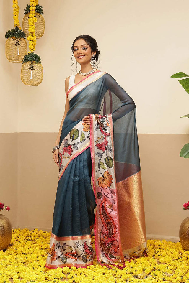 Turquoise Checkered Printed Silk Saree (SZ-DGRIA1-TL-3137)