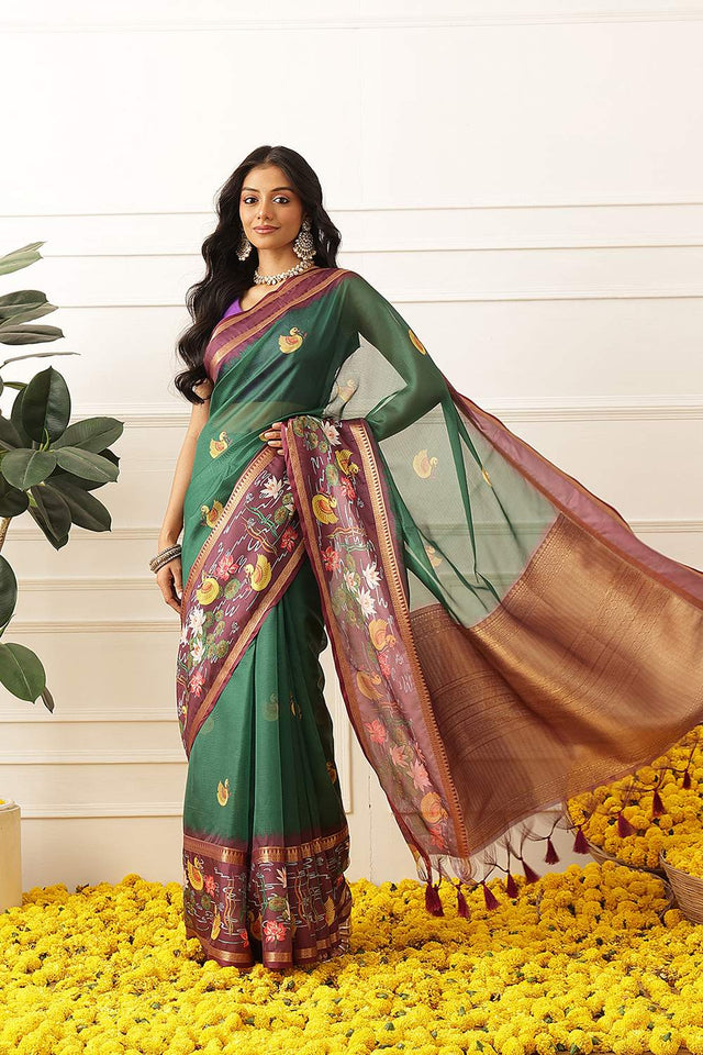 Green Kalamkari Printed Silk Saree (SZ-DGRIA2-GN-3140)