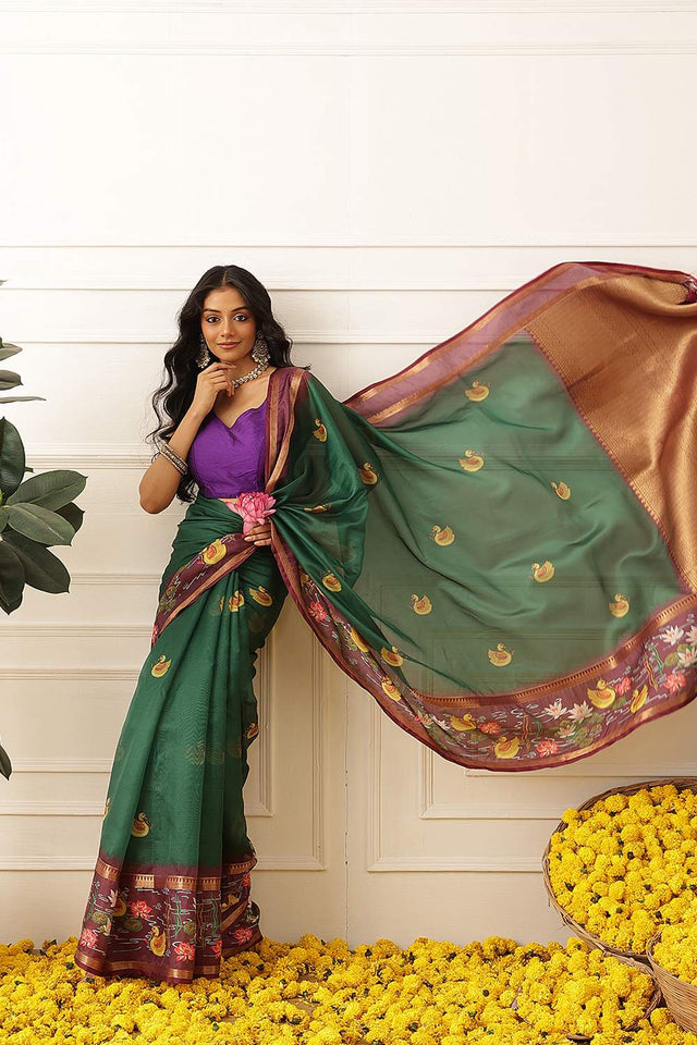 Green Kalamkari Printed Silk Saree (SZ-DGRIA2-GN-3140)