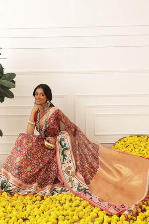 Maroon Ikkat Printed Silk Saree (SZ-DGRIA2-MR-3141)