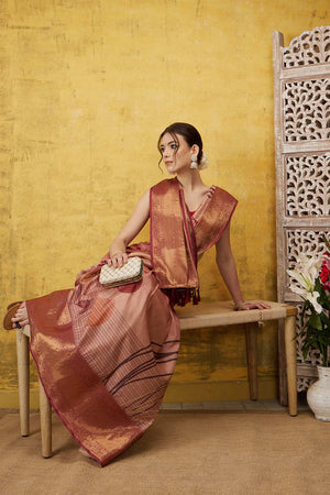 Peach Tusser Soft Silk Stripe Saree