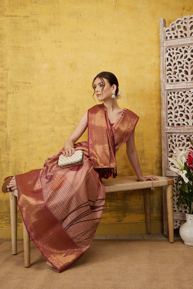 Peach Tusser Soft Silk Stripe Saree
