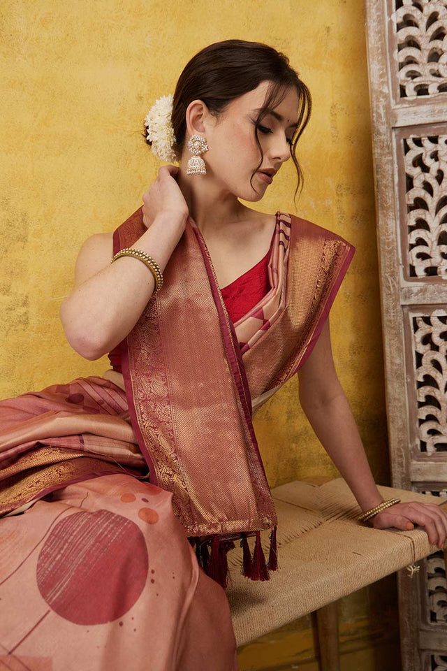 Peach Tusser Soft Silk Stripe Saree