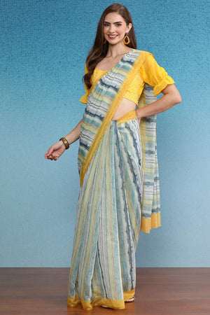 Mustard Stripe Printed Cotton Blend Saree